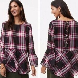 Ann Taylor LOFT Plaid Top Bell Sleeves Multicolour Tunic Blouse P1165